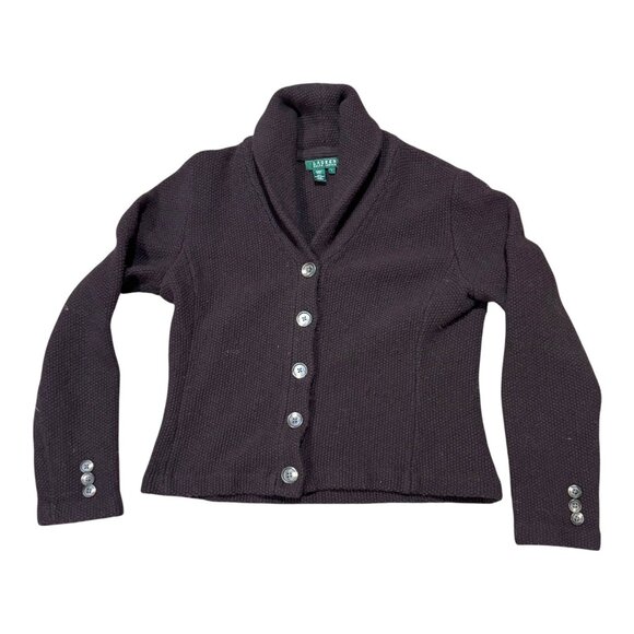 Ralph Lauren Charcoal Gray Lambswool Cardigan Sweater Fitted Button Front Large - Picture 1 of 5